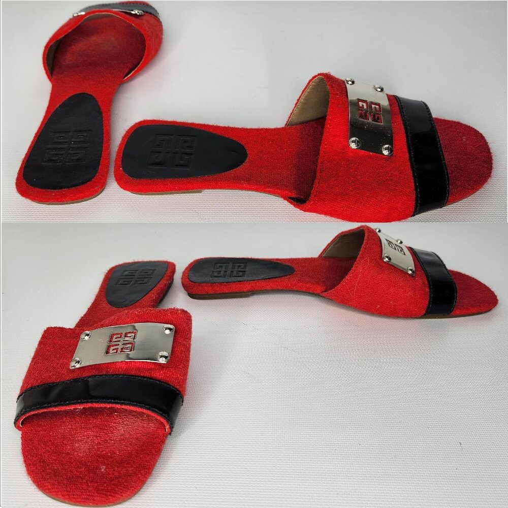 GIVENCHY vintage 38 red TERRY black Trim silver LOGO Plate Sandals Slides Authen - Picture 4 of 4